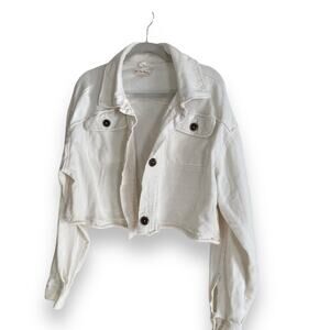 Womens We The Free Saturday White Taupe Cropped Distressed Shacket Size Small